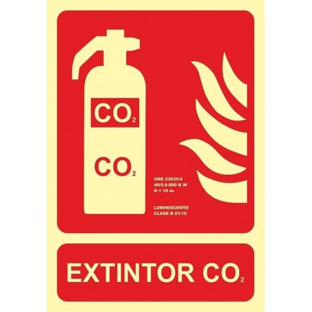 EXTINTOR CO₂ Señal lucha contra incendios fotoluminiscente, aluminio, 297x420mm, CTE/UNE  23 035 Cat B