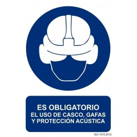 Señal ES OBLIGATORIO EL USO DE CASCO, GAFAS Y PROTECCIÓN ACÚSTICA Señal de seguridad - obligación