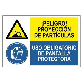 Señal COMBINADA ¡PELIGRO! PROYECCIÓN DE PARTÍCULAS Y USO OBLIGATORIO DE PANTALLA PROTECTORA Señal de seguridad - obligación