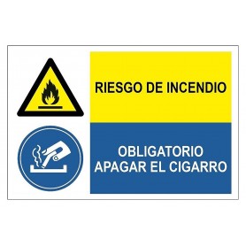 Señal COMBINADA RIESGO DE INCENDIO Y OBLIGATORIO APAGAR EL CIGARRO Señal de seguridad - obligación