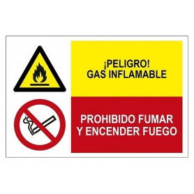Señal COMBINADA ¡PELIGRO! GAS INFLAMABLE Y PROHIBIDO FUMAR Y ENCENDER FUEGO Señal seguridad - prohibición