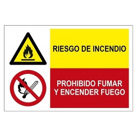 Señal COMBINADA RIESGO DE INCENDIO Y PROHIBIDO FUMAR Y ENCENDER FUEGO Señal seguridad - prohibición