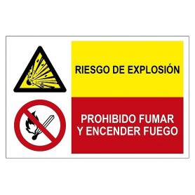 Señal COMBINADA RIESGO DE EXPLOSIÓN Y PROHIBIDO FUMAR Y ENCENDER FUEGO Señal seguridad - prohibición
