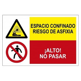 Señal COMBINADA ESPACIO CONFINADO RIESGO DE ASFIXIA Y ¡ALTO! NO PASAR Señal seguridad - prohibición