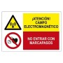 Señal COMBINADA ¡ATENCIÓN! CAMPO ELECTROMAGNÉTICO Y NO ENTRAR CON MARCAPASOS Señal seguridad - prohibición
